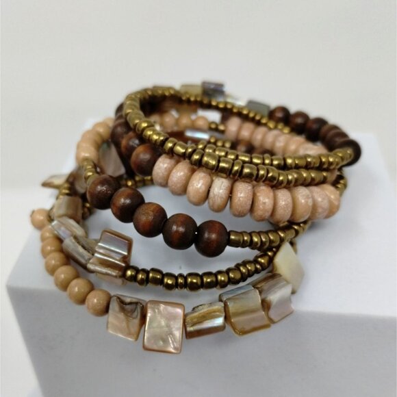 Boho Memory Wire Bracelet Wood Copper Color beads Natural Baroque Abalone - Picture 5 of 7